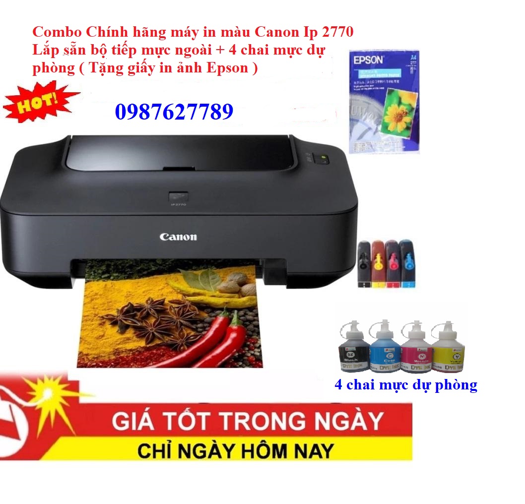 Combo Chính Hãng Máy in màu Canon Ip 2770 lắp bộ tiếp mực ngoài + 4 chai mực dự phòng (Tặng kèm giấy in ảnh)