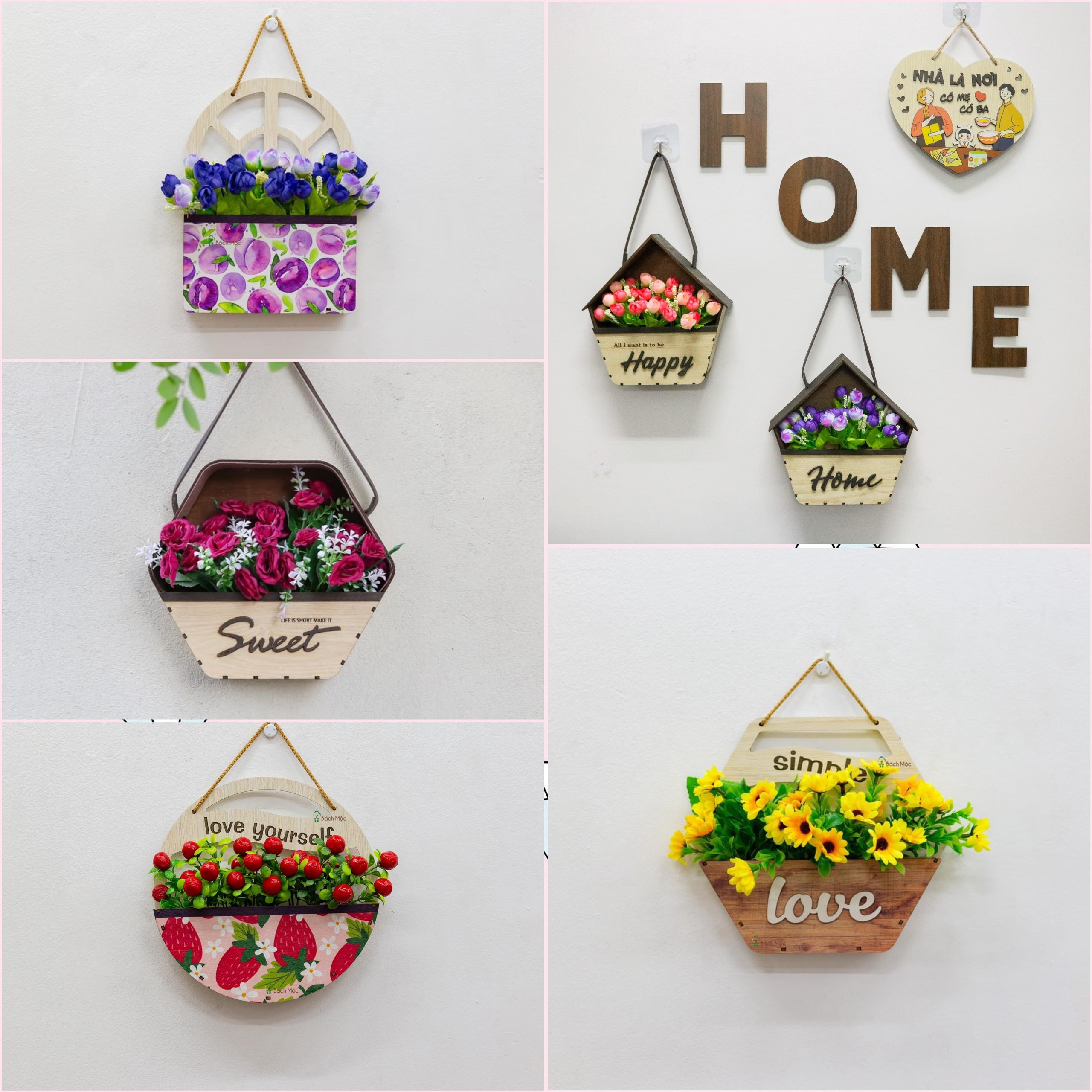 Giỏ hoa gỗ treo tường decor trang trí nhà cửa tặng đinh 3 chân/ móc dán tường - Tiệm nhà Ché