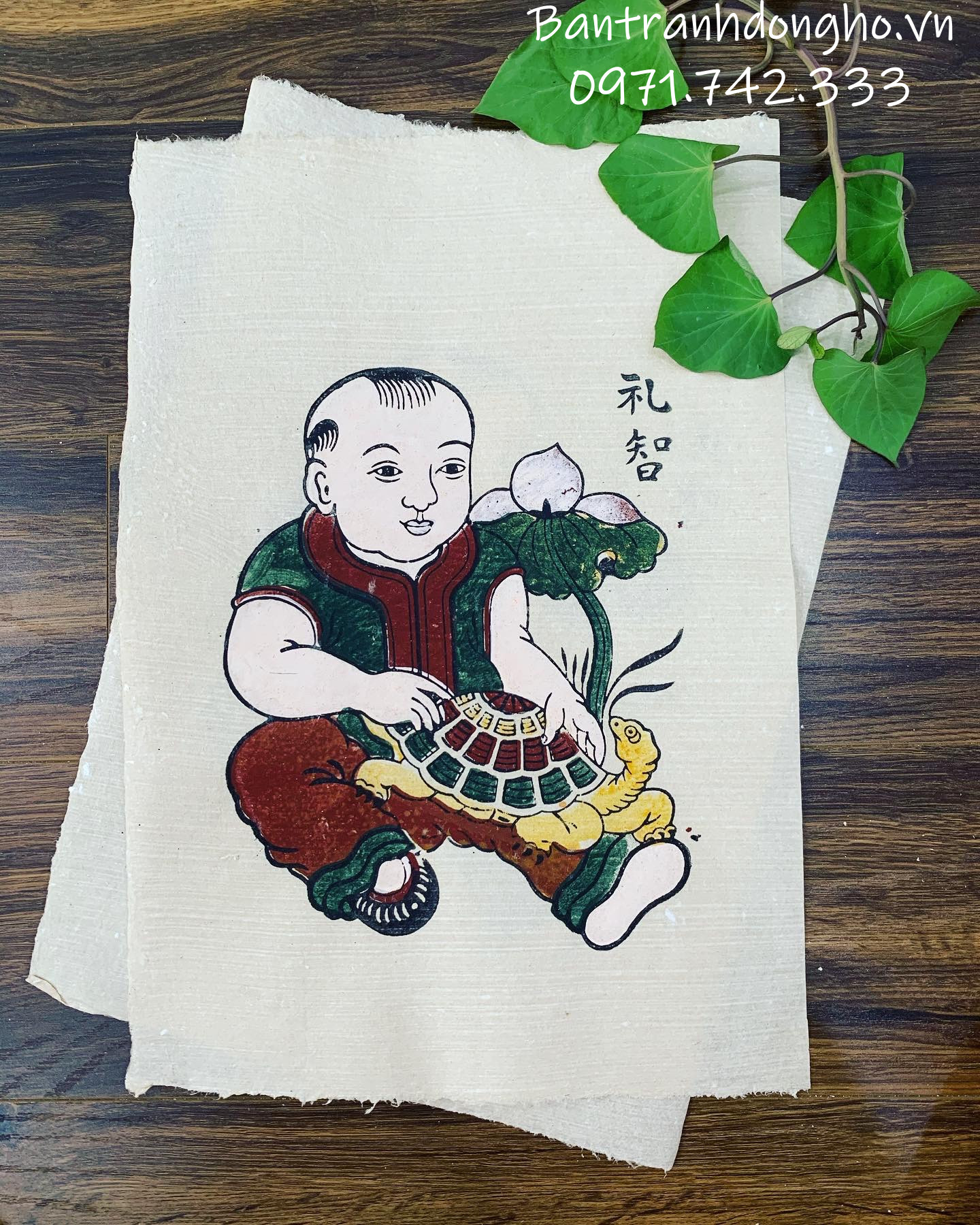 Tranh đông hồ lễ trí - em bé ôm rùa