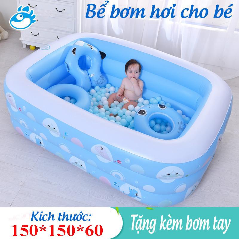 Bể Bơi bể tắm mini , Bể Bơi Trong Nhà cao cấp Cho Trẻ Tập Bơi Bể bơi phao 3 Tầng cỡ lớn: 150 X 150 X 60 cm. loại dày tặng kèm ( Bơm hơi + Miếng Vá ),bảo hành bởi luxurymall