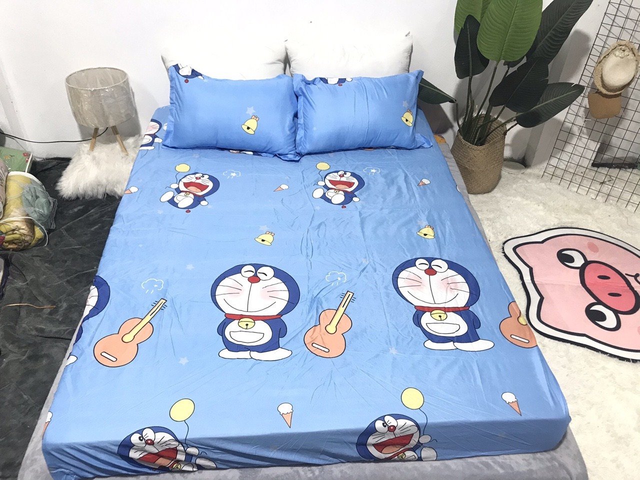 Bộ ga gối cotton poly 3 món họa tiết mẫu doremon đàn