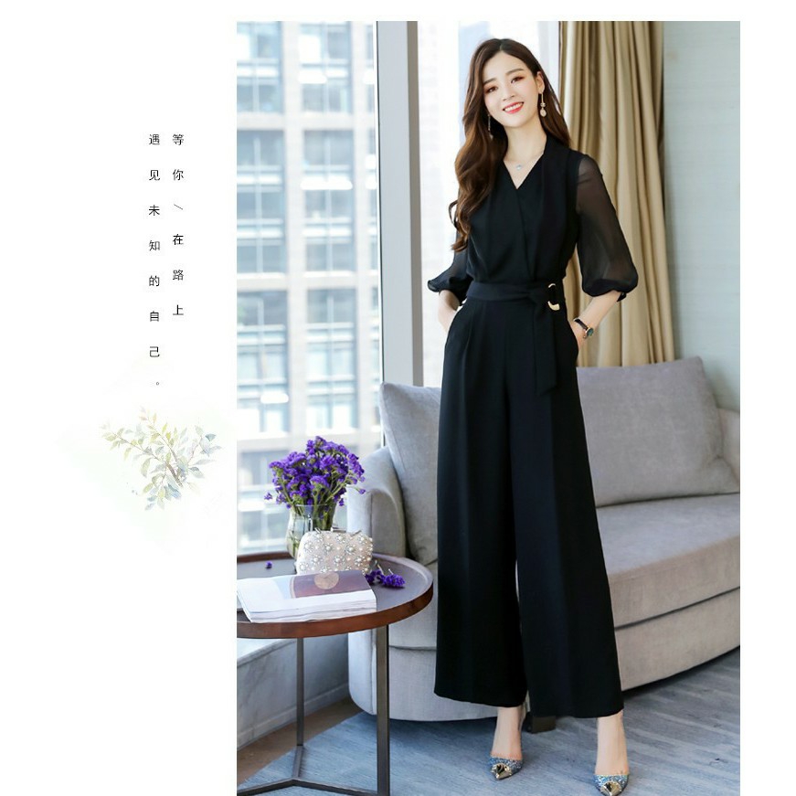 Jumpsuit cổ V tay voan thanh lịch