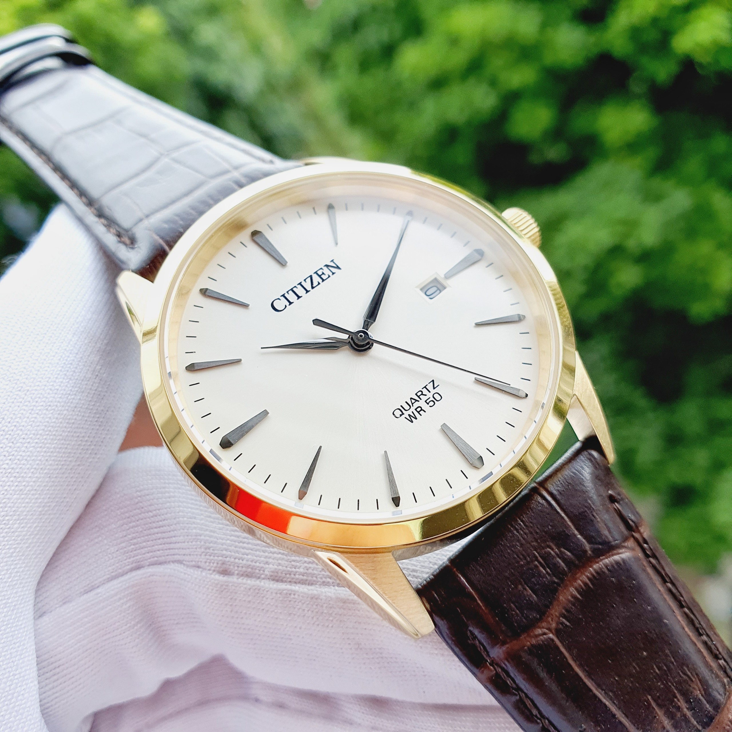Đồng hồ nam citizen nam máy quartz, dây da, kính cứng, size 39mm bi5002-14a