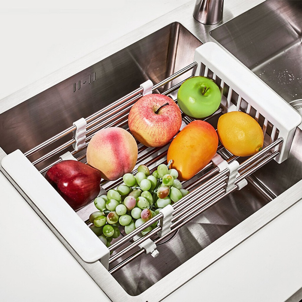 Khay đa năng để chậu rửa chén , rổ kệ inox đa năng co giãn , rửa rau , trái cây , úp chén trên bồn