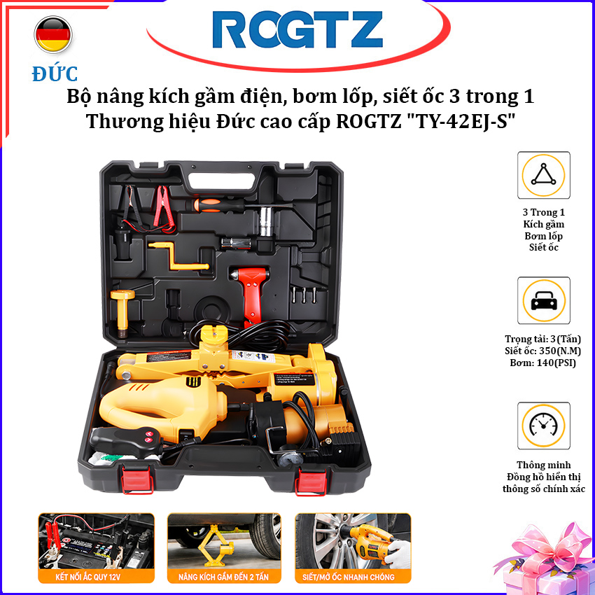 Bộ nâng kích gầm điện, máy bơm lốp và máy siết ốc ô tô đa năng 3 trong 1, nhãn hiệu ROGTZ TY-42EJ-S, tải trọng 3 tấn - Hàng chính hãng, bảo hành 24 tháng