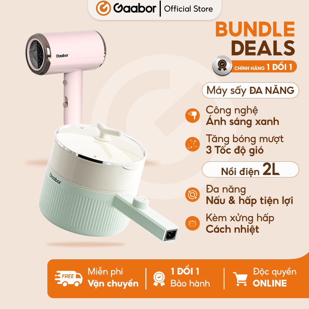 Combo Gaabor 09 nồi lẩu điện đa năng 2L EC-20M01A và máy sấy tóc N1000D ánh sáng xanh 2 chiều nóng lạnh - Bảo hành 1 đổi 1