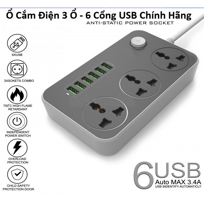 Ổ cắm điện đa năng thông minh có 6 cổng usb sạc nhanh an toàn chống giật siêu tiện lợi - ổ cắm điện 3 phích cắm 6 cổng usb chống cháy nổ