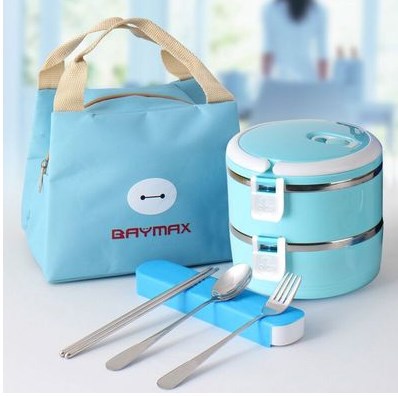 Hộp đựng cơm lúa mạch giữ nhiệt 2 tầng kèm túi và hộp đũa muỗng , camen ruột inox 2 tầng , cơm giữ nhiệt 2 tầng