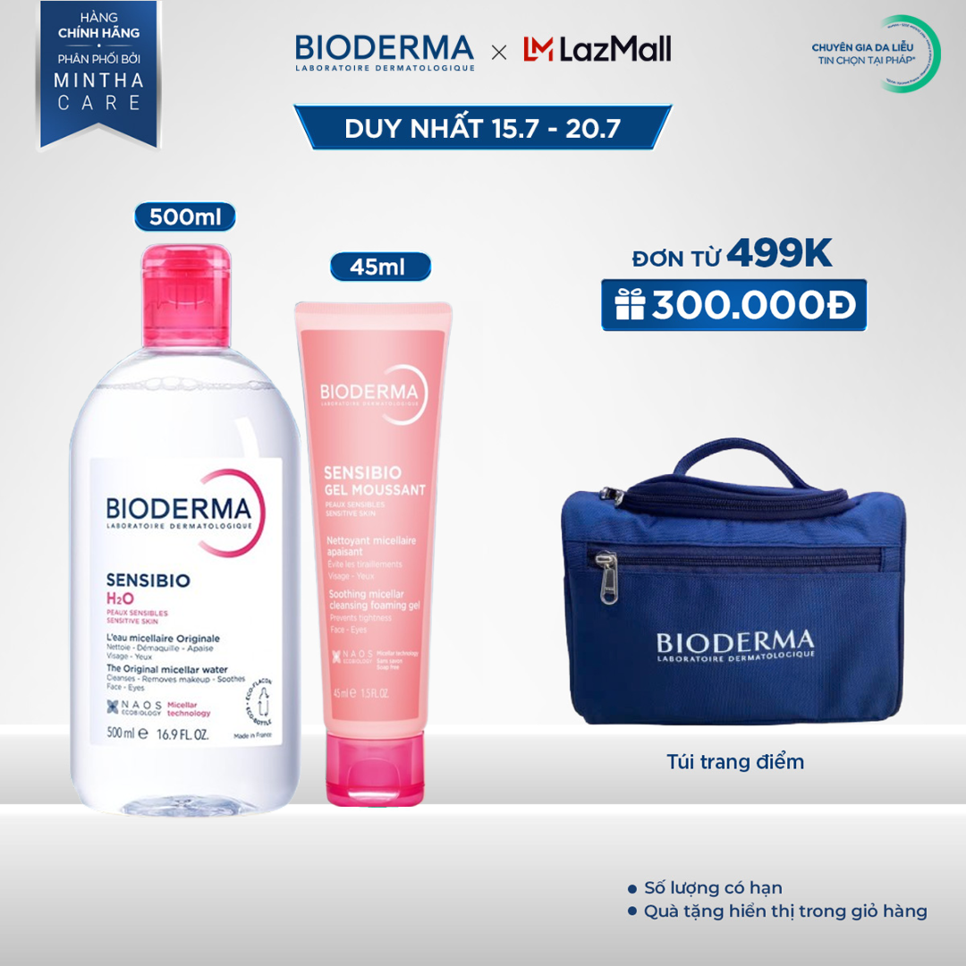 Bộ nước tẩy trang và làm sạch micellar cho da nhạy cảm Bioderma Sensibo H2O 500ml và gel rửa mặt tạo bọt 45ml