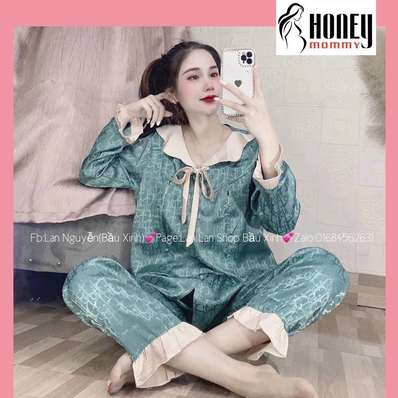 Bộ đồ bầu dài tay lụa gấm phối dây nơ xinh - bộ bầu 2 chức năng có khóa ngực cho mẹ bầu và sau sinh bd947