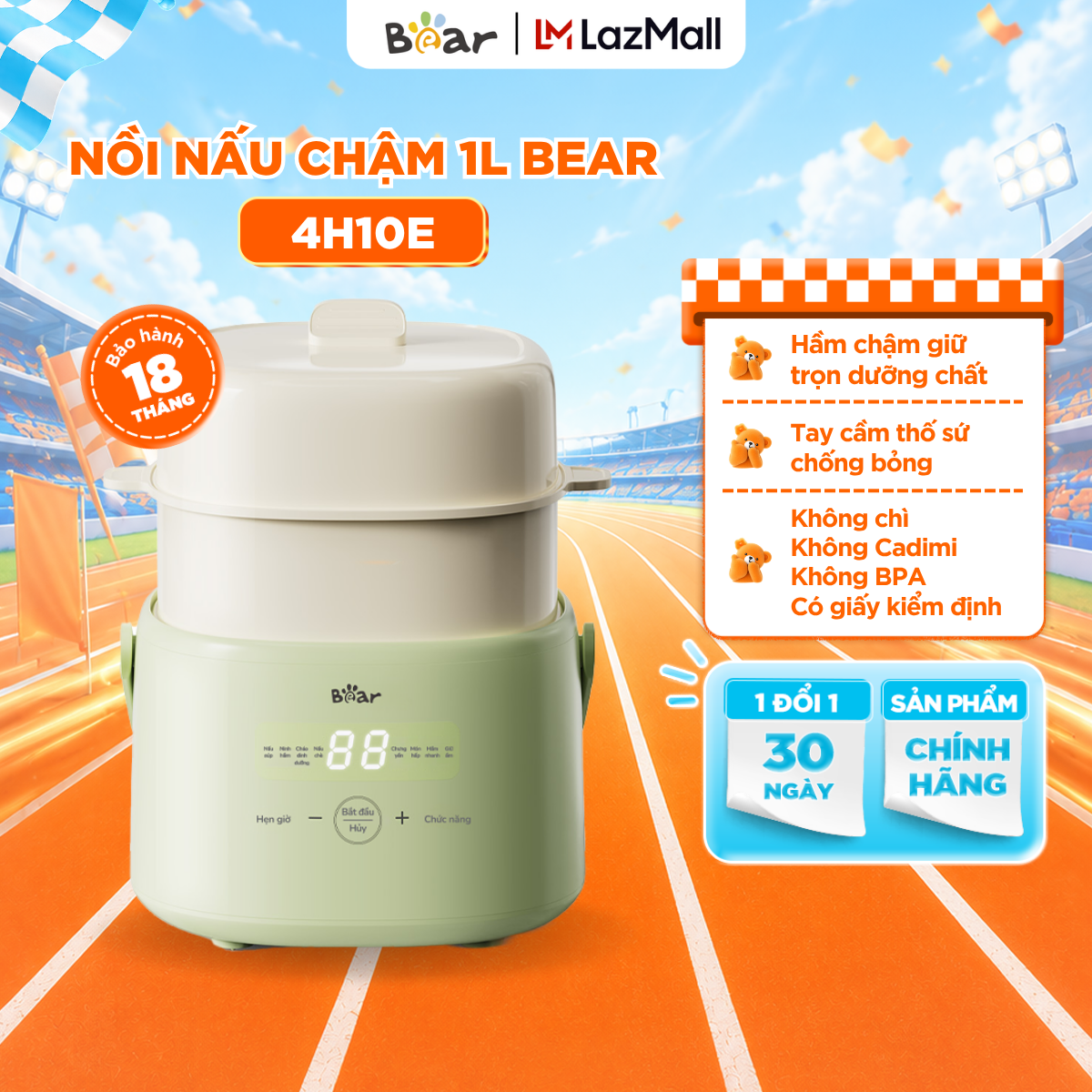 Nồi Nấu Cháo Chậm BEAR 1L Có Xửng Hấp 8 Chế Độ Nấu Hầm Nồi Chưng Yến Nồi Nấu Chậm Cho Bé Giữ Trọn Dinh Dưỡng SC-4H10E