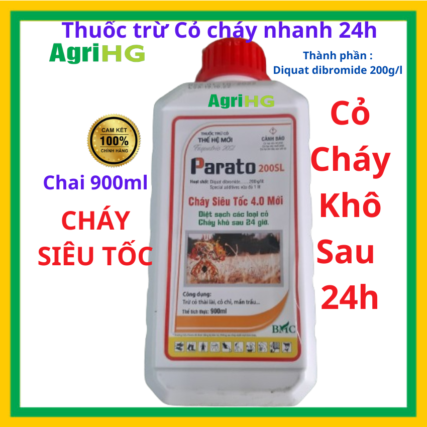 Thuốc trừ cỏ cháy NHANH 24h PARATO 200SL- CHÁY SIÊU TỐC 4.0 MỚI chai vuông Chai 900ml hoạt chất Diquat Dibbromide 200g/l ,Thuốc Diệt Cỏ Thài Lài, Cỏ Chỉ, Mần Trầu Cháy Siêu, AgriHG