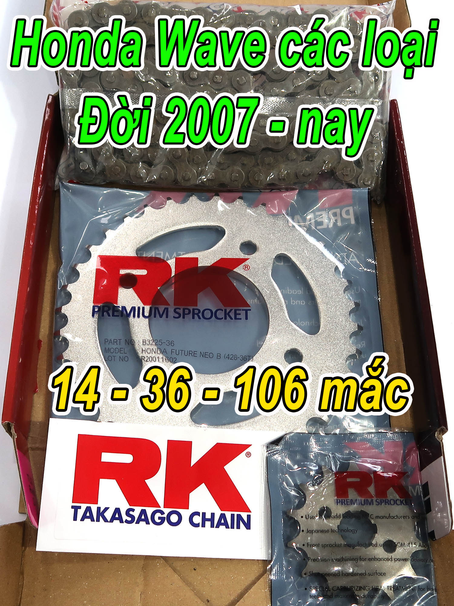 Nhông sên dĩa RK cao cấp nhập khẩu cho Honda Wave các loại đời từ 2007 - nay