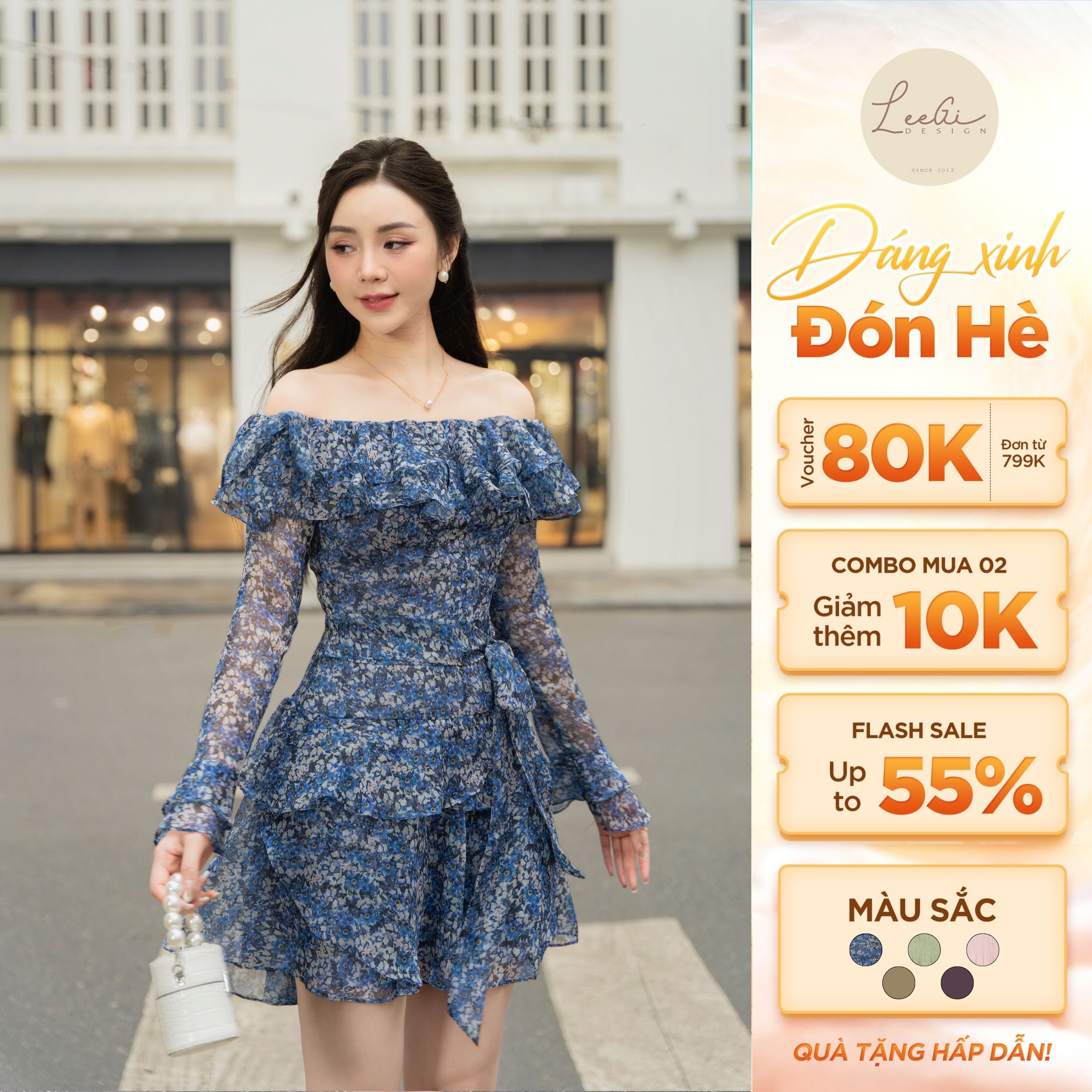 Đầm hoa nhí xanh trễ vai dài tay Leegi Design dáng ngắn nhiều tầng chiết eo - Min626