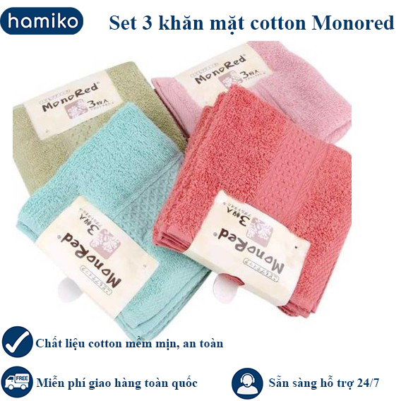 Set 3 khăn mặt xuất Nhật vải cotton mềm mịn, combo 3 khăn mặt Monored an toàn cho da- Hamiko