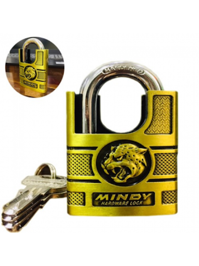 Ổ Khóa Vàng Đồng có Chống Cắt, Chống Cưa Hiệu MINDY - Loại Lớn 6phân + Tặng kèm 4 chìa khóa