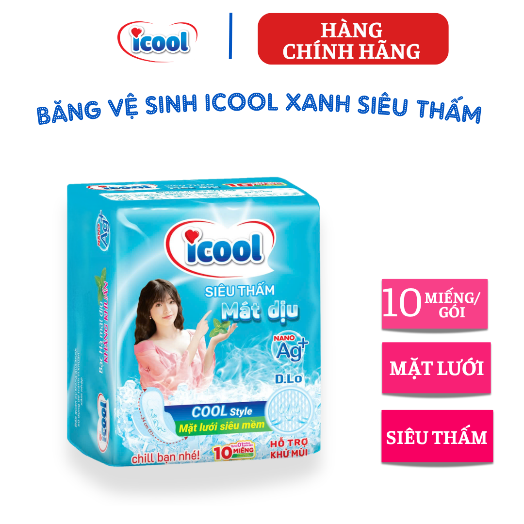 {Hàng chính hãng} Băng vệ sinh ICOOL siêu thấm xanh mới 10 miếng, BVS ban ngày  24cm, có cánh, MẶT LƯỚI MỀM khô thoáng,  bạc hà  mát dịu, kháng khuẩn, khử mùi.