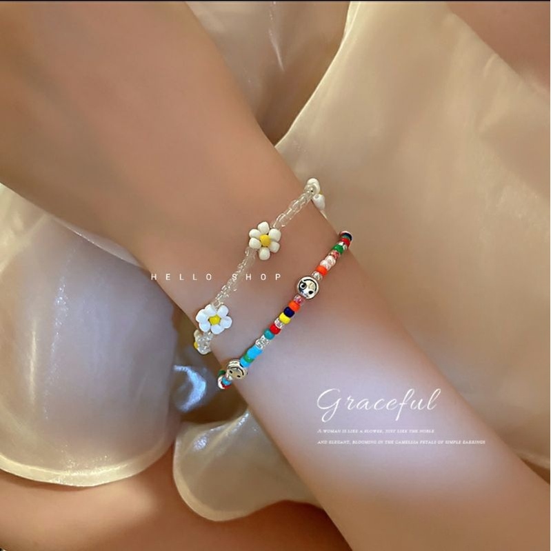 ✎┅ Vòng tay hạt trong kết hoa hạt cườm mix mặt cười cực xh