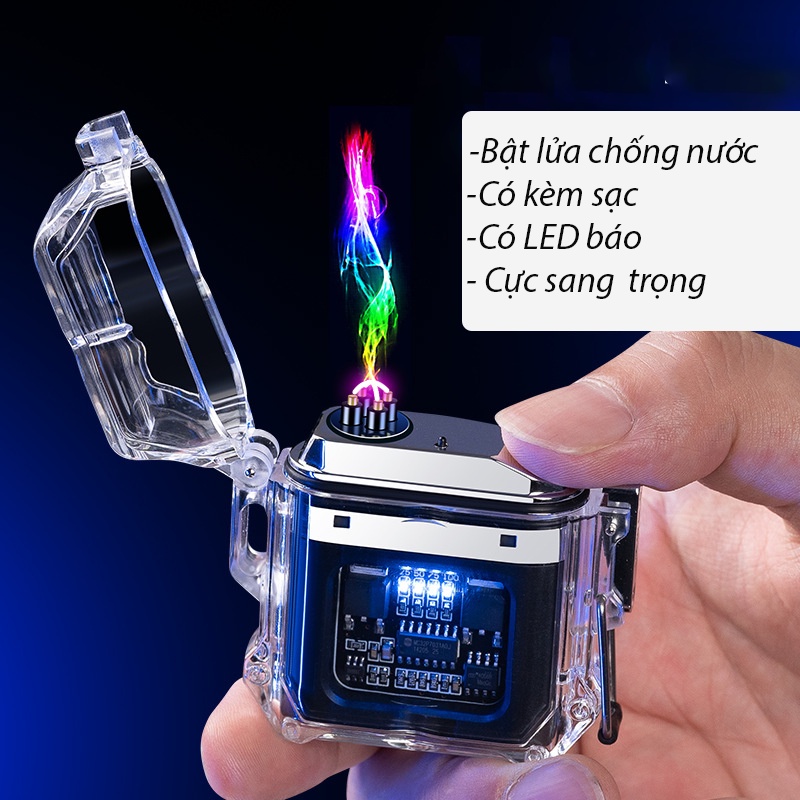 Bật lửa điện tia Plasma Quẹt Móc treo thiết kế sang chọn chống nước có LED tặng kèm sạc