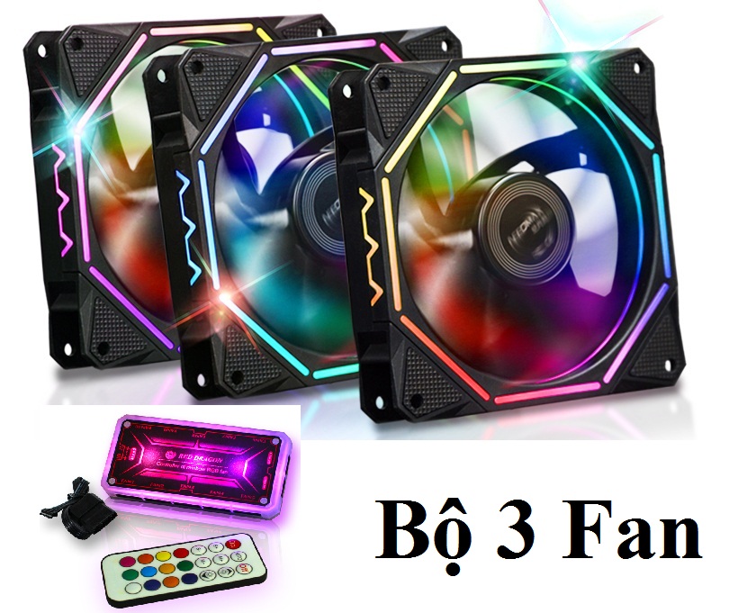 Bộ 3 quạt tản nhiệt ,fan case ,Quạt RGB 12 cm Red dragon 2021 - Kèm hub - remote -vít (VIDEO THỰC)