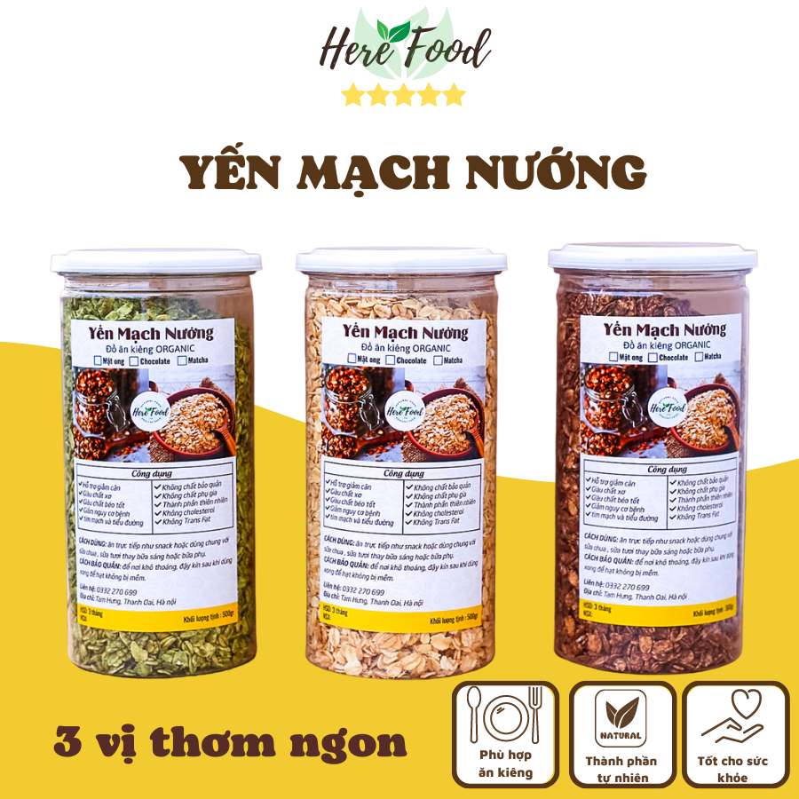 Yến mạch cán dẹp nướng 3 vị ăn liền giảm cân,ăn kiêng - Ngũ cốc ăn kiêng nướng 3 vị mật ong, chocolate, matcha hũ 500gr
