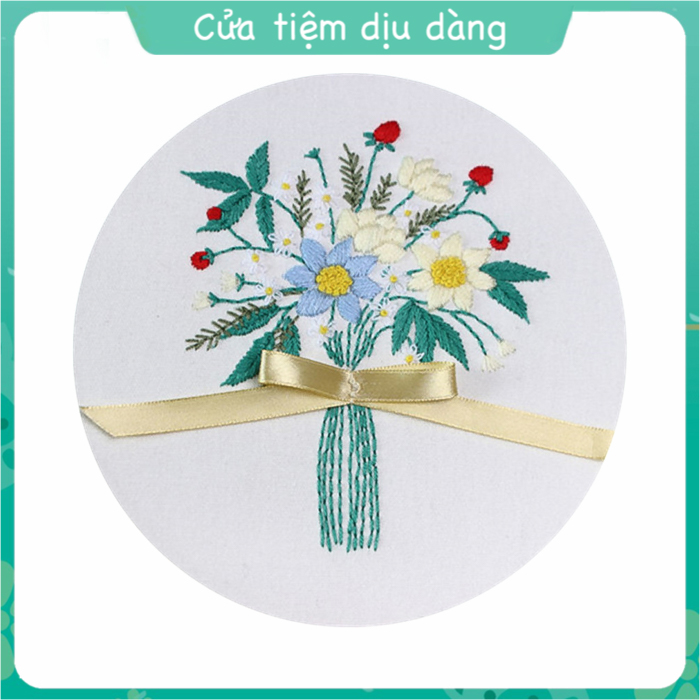 Bộ kit tập thêu tranh có sẵn DIY - mẫu Bó hoa cưới có hướng dẫn (đã bao gồm khung thêu)