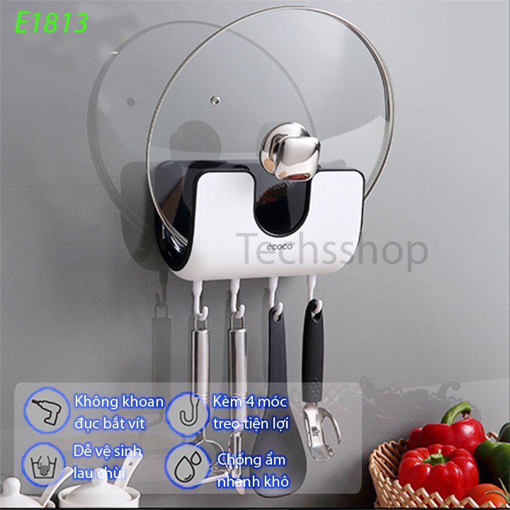 Giá treo nắp nồi kèm 4 móc dán tường siêu dính Ecoco E1813 - Kệ để nắp nồi treo tường phù hợp với mọi loại nắp - Móc treo đồ đa năng - Đồ dùng nhà bếp đựng nắp vung nồi