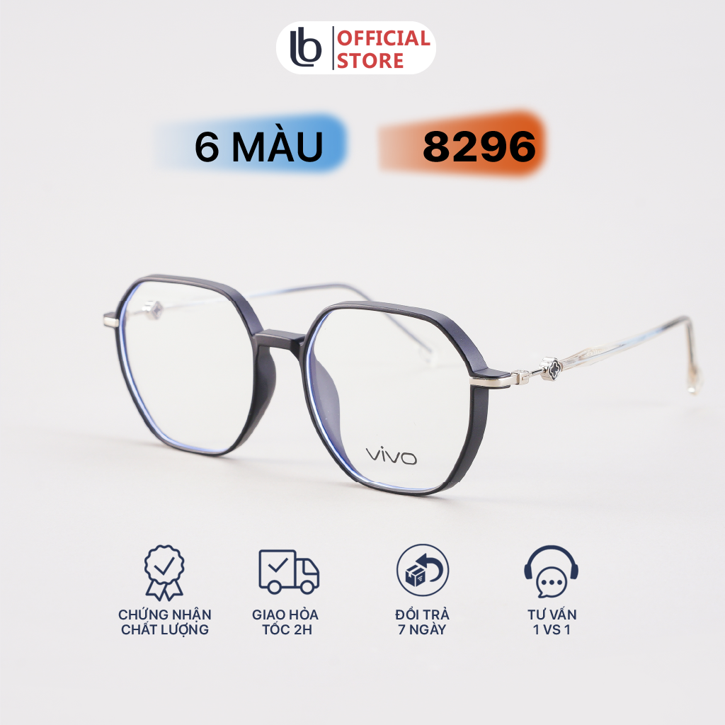 Gọng kính mắt cận Lục giác nam nữ LB Eyewear UV 8296 mắt kính chống ánh sáng xanh, tia bức xạ UV, chất liệu nhựa dẻo cao cấp