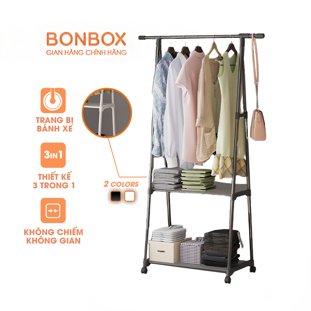 Giá treo quần áo 2 tầng bonbox bfs221203 có bánh xe khung thép nhựa chắc chắn