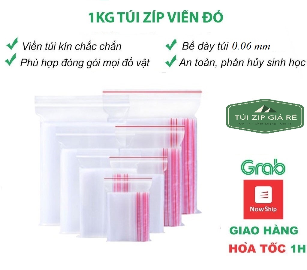 Túi zip chỉ đỏ 1kg khóa đựng thực phẩm bấm miệng loại mỏng 0.06mm nhiều kích thước