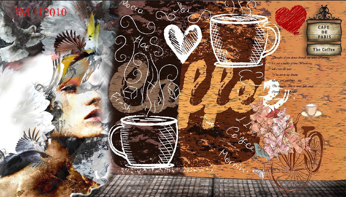Tranh dán tường 3D trang trí quán cafe trà sữa trà chanh chất liệu decal keo sẵn hoặc vải lụa giá rẻ đẹp ib ralo để in theo yêu cầu PA