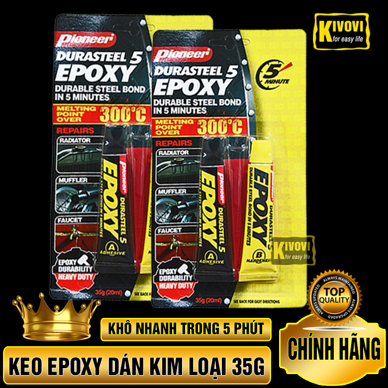 Keo Dán AB 2 Thành Phần Kim Loại Đa Năng Chịu Nhiệt Cao Trên 300Độ C Pioneer Durasteel 5 Epoxy 35G - Keo Dán Siêu Dính Siêu Bền Chắc, Dán Sắt,Dán Đồ Dùng Nhầ Bếp,Chịu Lực,Chịu Nhiệt - Kivovi
