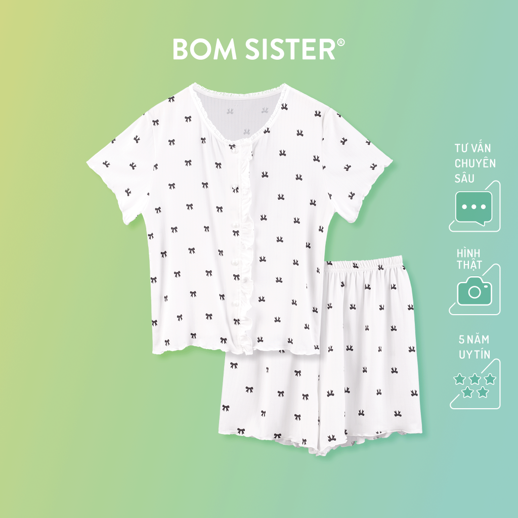 Set đồ ngủ thun áo ngắn tay quần đùi viền bèo họa tiết dễ thương bom sister dn0670