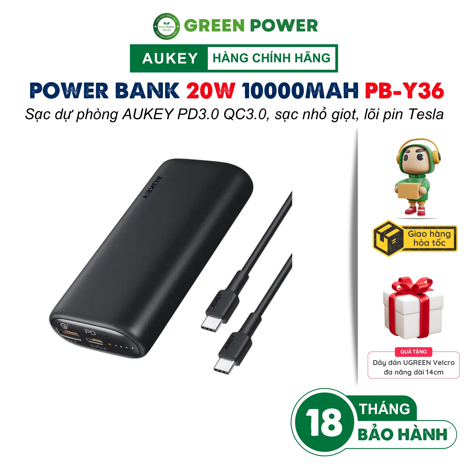 Pin Sạc Dự Phòng Aukey PB-Y36 10.000mAh, Lõi Tesla Bền x7 Lần, Sạc Siêu Nhanh QC 3.0 PD 20W,  Sạc iPhone 11 53% pin chỉ trong 30 phút, Tích Hợp Đèn Báo Sạc Nhanh - Chính Hãng Bảo hành 18T