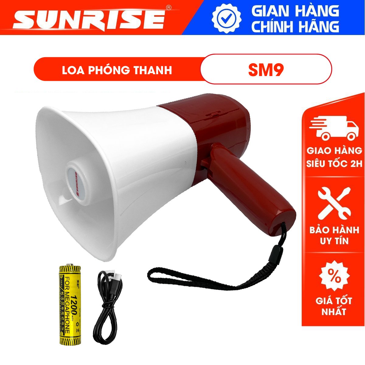 Loa phóng thanh công suất lớn 50W chính hãng Sunrise SM9 MP3 Loa phóng thanh cầm tay, ghi âm rao bán hàng