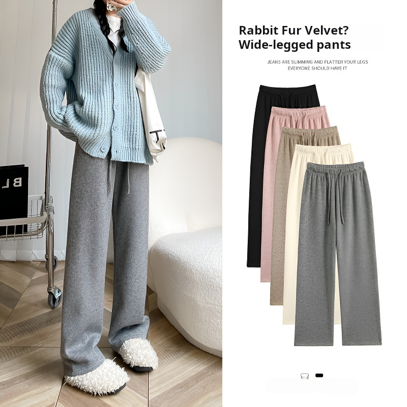 jieping Plush Rabbit Fur Wide Leg Pants for Women Warm Winter Casual Trousers