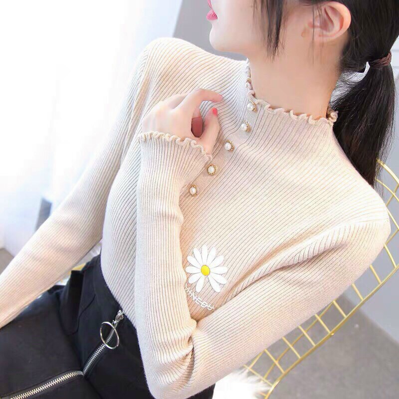 [HOT] Áo kiểu nhúm tay dài cổ lọ viền xoăn kèm họa tiết hoa siêu đẹp - ÁO KIỂU NỮ SIÊU DỄ THƯƠNG