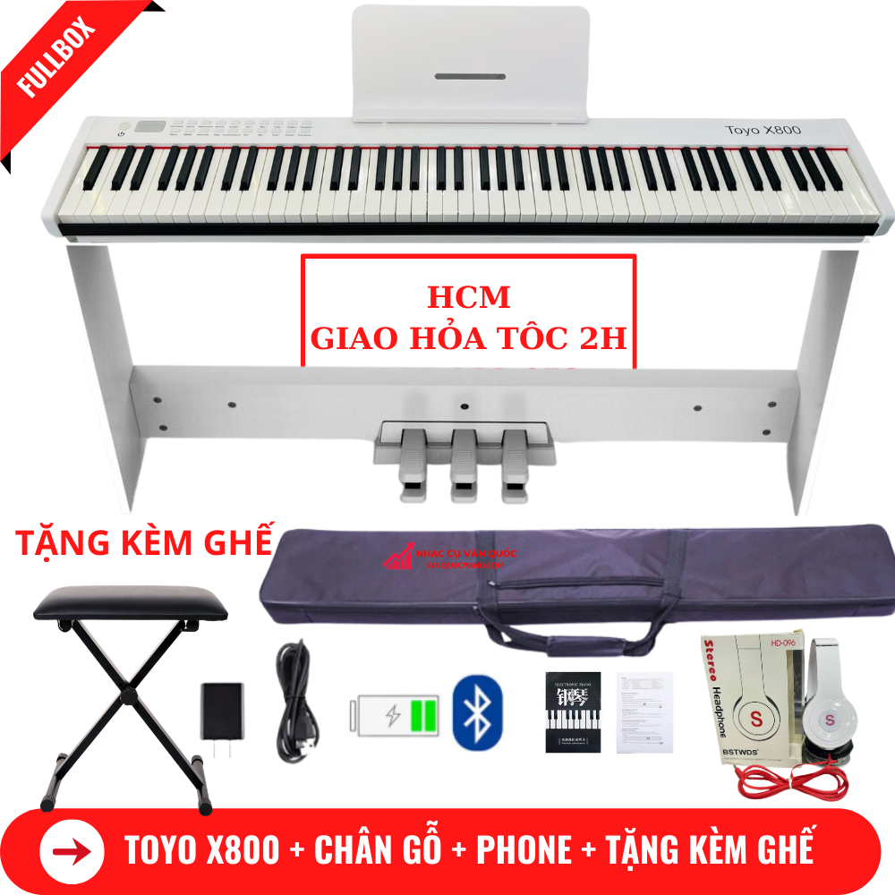 Đàn piano điện toyo x800- 88 phím nặng cảm lực - kết nối bluetooth + chân đàn+ ghế piano