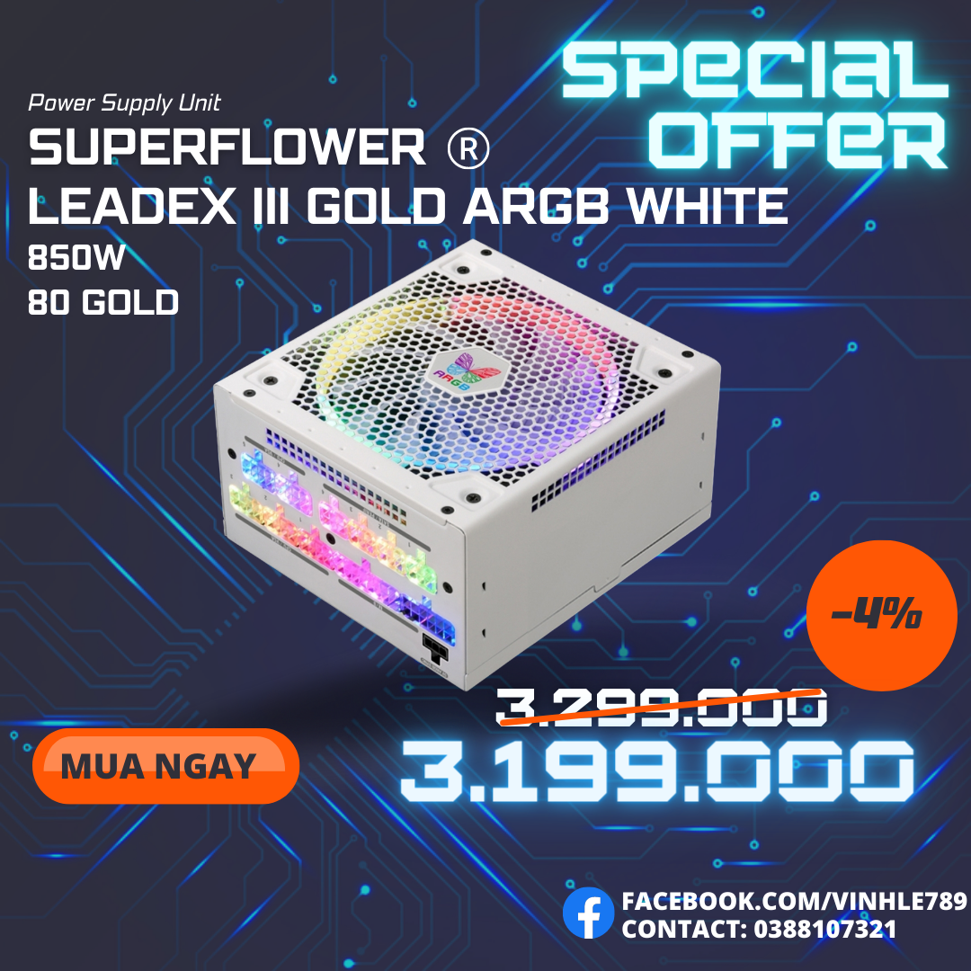 Nguồn máy tính Super Flower LEADEX III GOLD ARGB WHITE 850W
