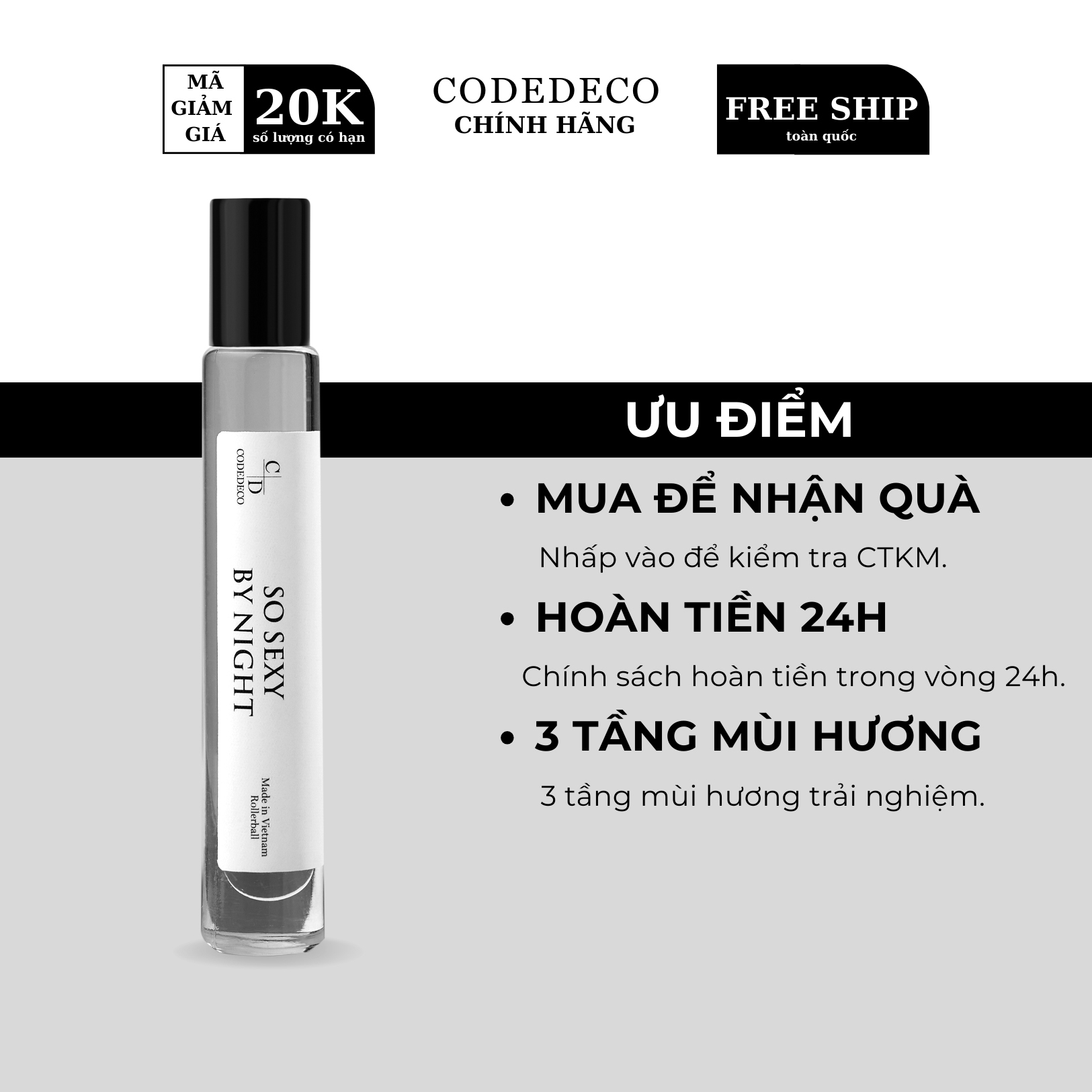 Tinh dầu nước hoa codedeco so sexy by night -10ml, gợi cảm, ngọt ngào dạng lăn