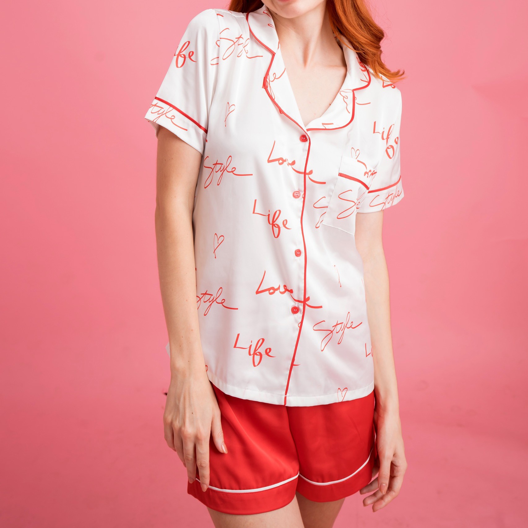Peachie-bộ đồ ngủ pijama nữ ngắn - lụa satin lovelife-n187