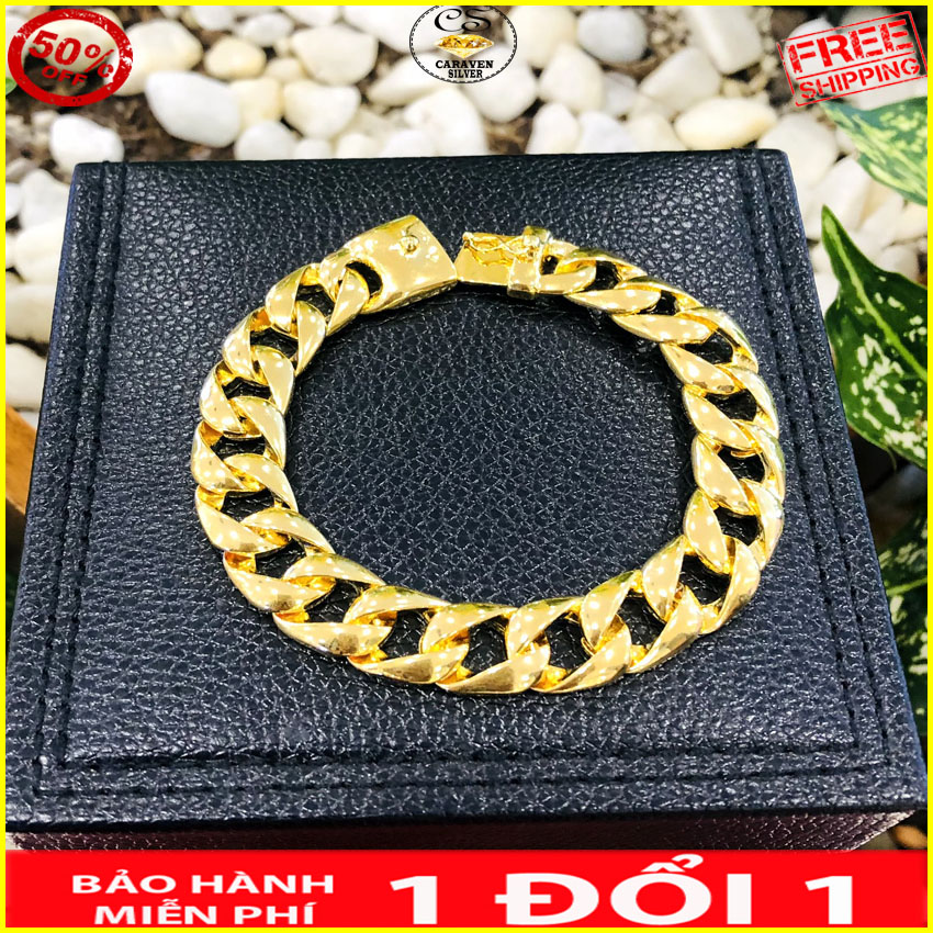 Lắc tay nam mạ vàng 18k bản rộng 1.2cm kiểu mắt xích khóa hộp năm 2021 - caraven silver