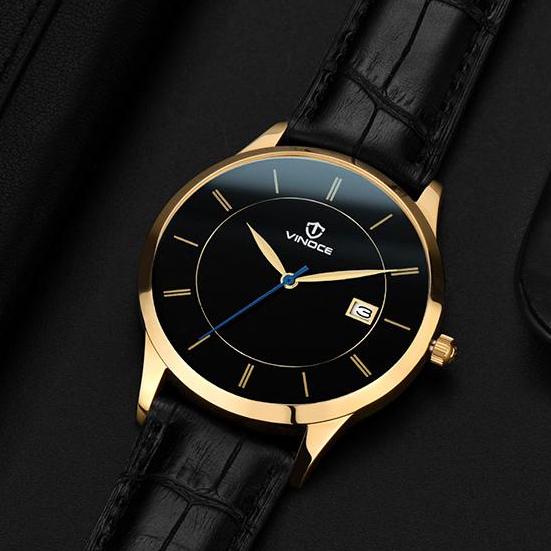 Đồng hồ nam thời trang dây Da chống nước Vinoce mặt siêu mỏng có lịch ngày Tặng vòng Tỳ Hưu