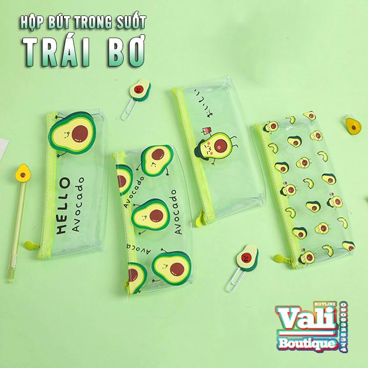 [HCM]Hộp bút nhựa trong suốt PVC hình trái bơ - nhiều mẫu - tặng 1 bút hình thú mẫu ngẫu nhiên mực đen