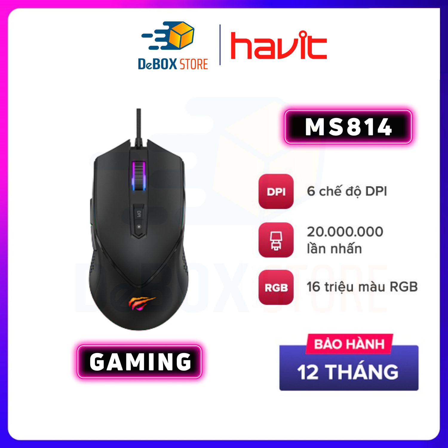 Chuột Máy Tính Có Dây Gaming HAVIT MS814, 16 Triệu Màu RGB, 6 Chế Độ DPI, Chống trượt anti-slipping, Tích Hợp 7 Nút Điều Chỉnh - Chính Hãng Bảo Hành 12 Tháng