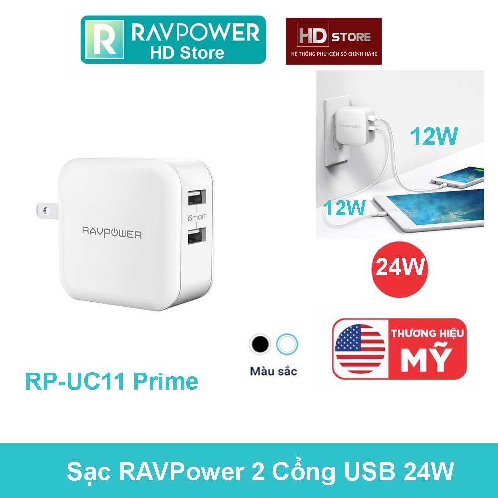 Củ sạc ravpower 24w 2 cổng usb ismart 2.0 sạc nhanh 12w 2.4a mã rp- uc11 prime cho iphone 5 6 7 8 plus xs xr xs max 11 12 13 pro max