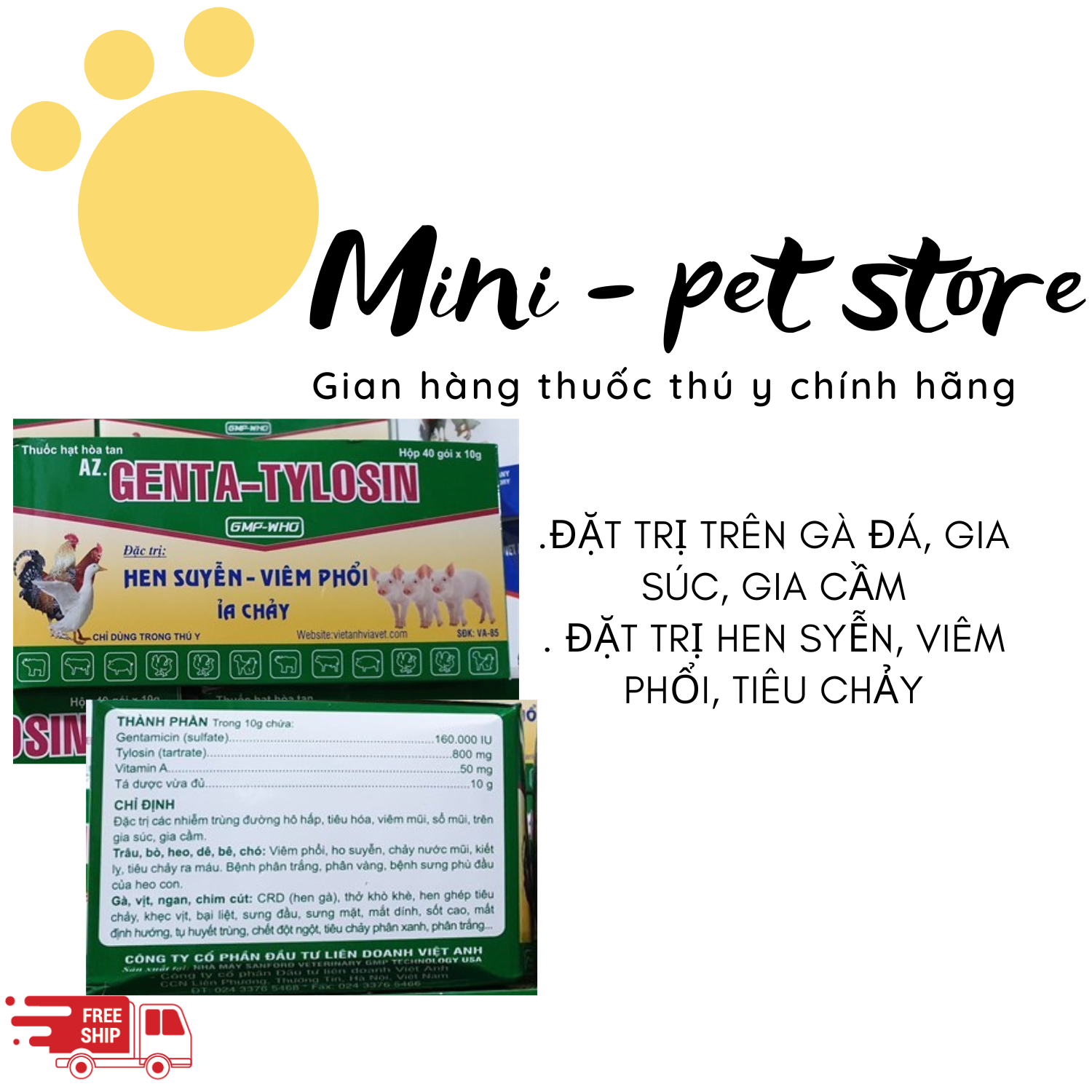 COMBO 5 GÓI 10GK GÀ ĐÁ, VỊT, TRÂU, BÒ, CHÓ  HEN, SUYỄN, VIÊM PHỔI, TIÊU CHẢY NẶNG  GENTA TYLOSIN   THÚ Y VIỆT ANH