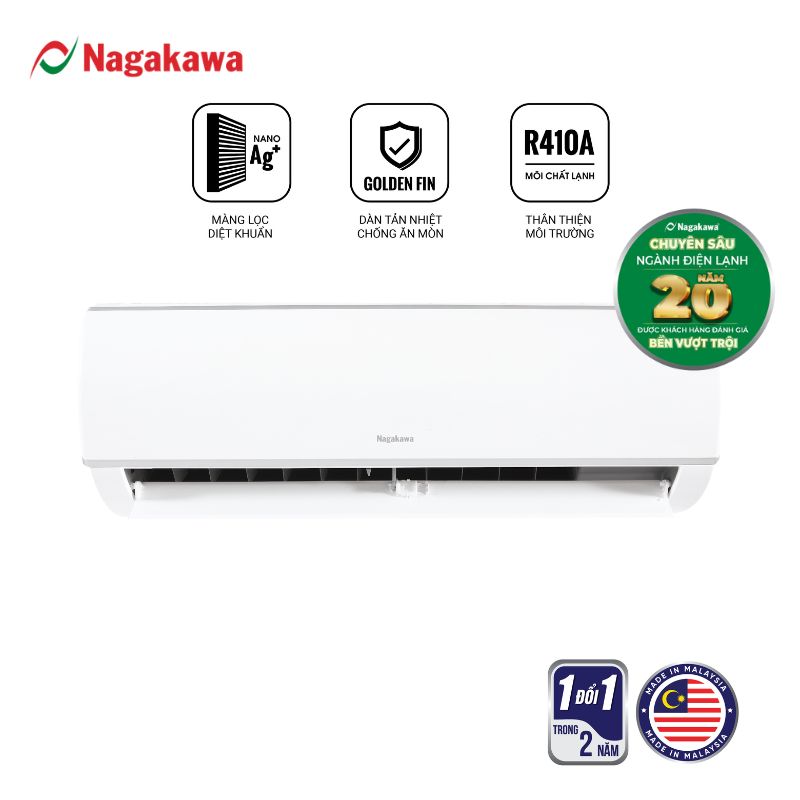 [Trả góp 0%] Điều hòa/ Máy lạnh Nagakawa 2 chiều thường 12000 BTU/H (1.5HP) Nagakawa NS-A12R1M05, 2 chế độ nóng lạnh, môi chất lạnh R410A thân thiện môi trường, cánh tản nhiệt Golden Fin, bộ lọc Nano Ag+