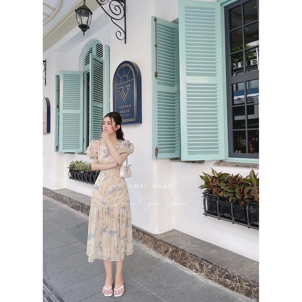 Đầm thiết kế - đầm hoa đuôi cá cổ v cúc bọc 2 lớp dáng dài chất tơ mềm