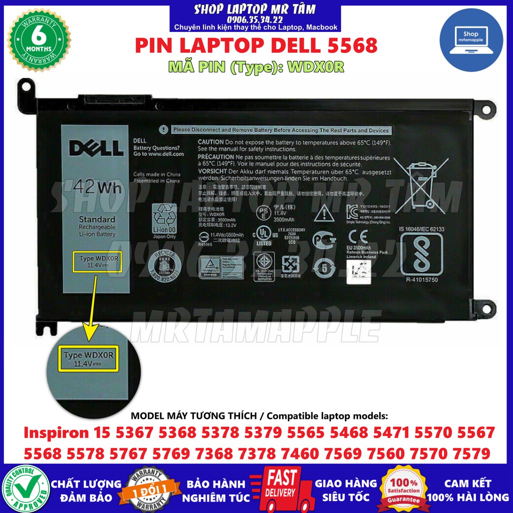 PIN LAPTOP DELL 5568 (WDX0R) 42Wh (ZIN) - 3 CELL dành cho Inspiron Vostro 15 3580 3590 5367 5368 5378 5379 5565 5468
